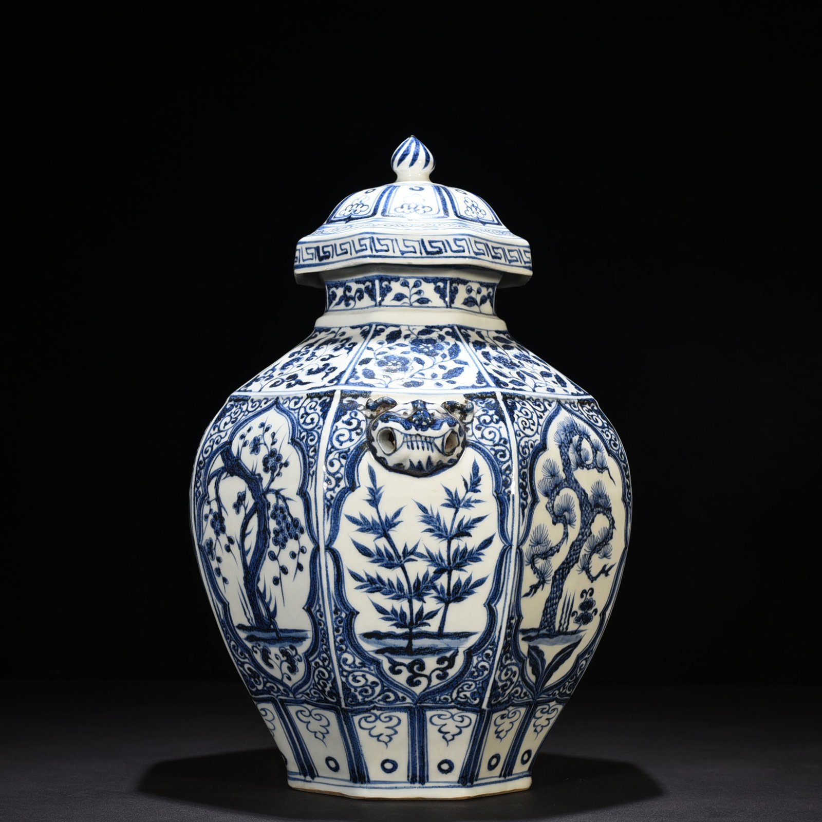 Yuan Dynasty Lotus Pond Mandarin Duck Pine Bamboo and Plum Pattern Octagonal Animal Ear Cover Jar