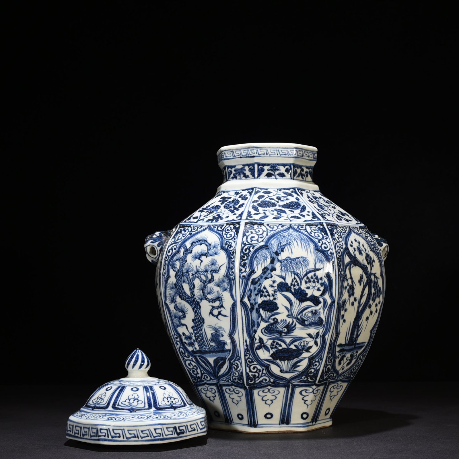 Yuan Dynasty Lotus Pond Mandarin Duck Pine Bamboo and Plum Pattern Octagonal Animal Ear Cover Jar