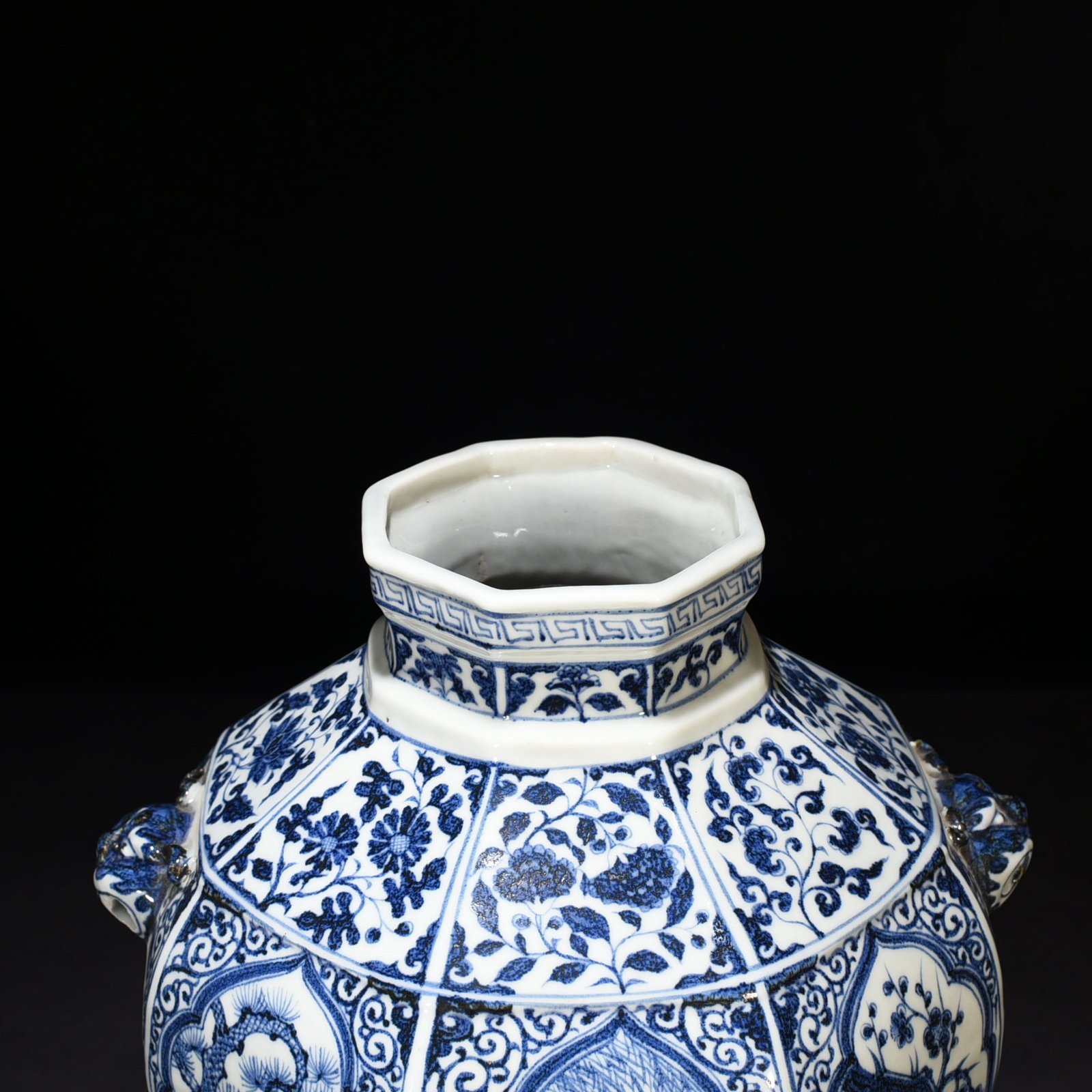 Yuan Dynasty Lotus Pond Mandarin Duck Pine Bamboo and Plum Pattern Octagonal Animal Ear Cover Jar