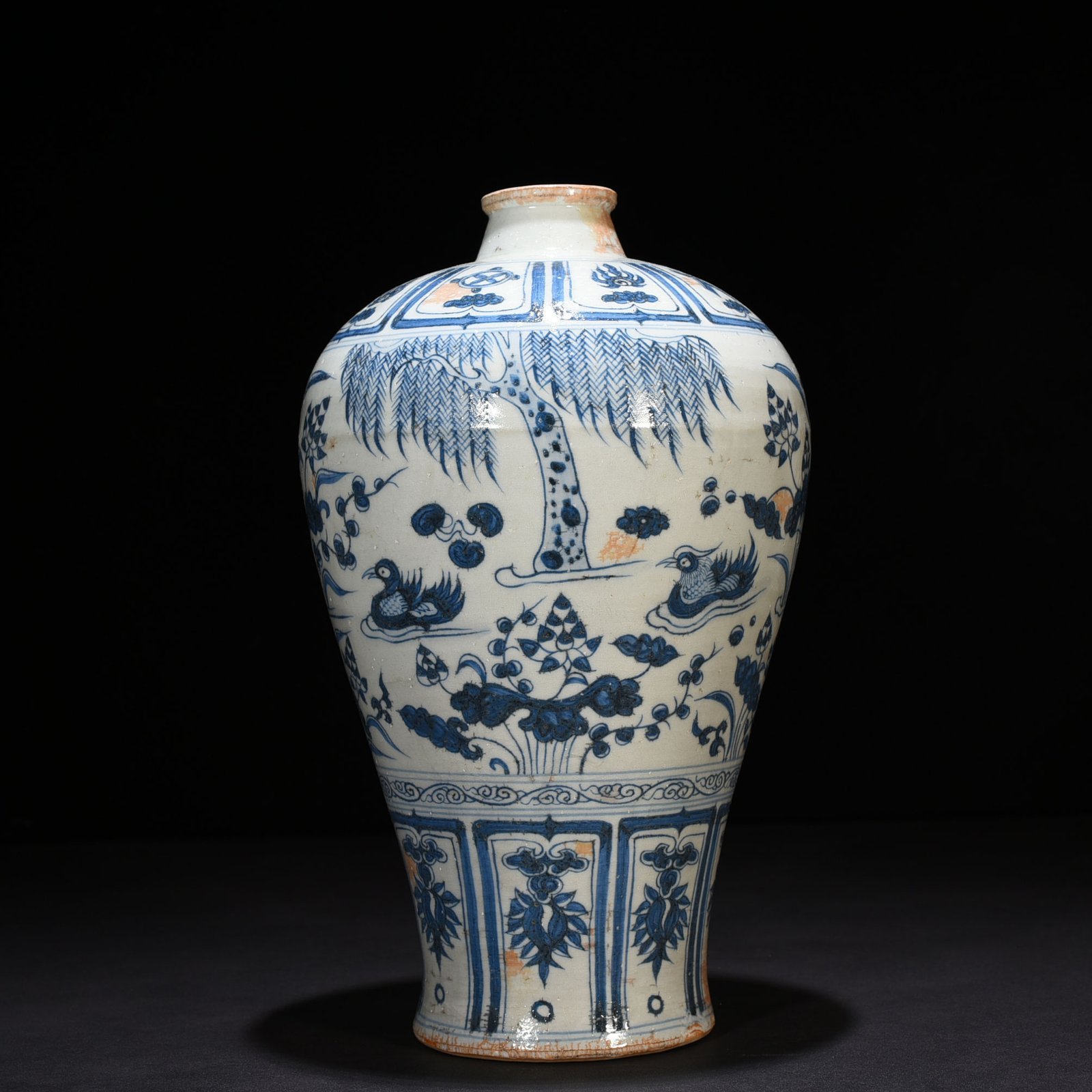 Yuan Dynasty blue and white lotus pond plum vase with mandarin duck pattern
