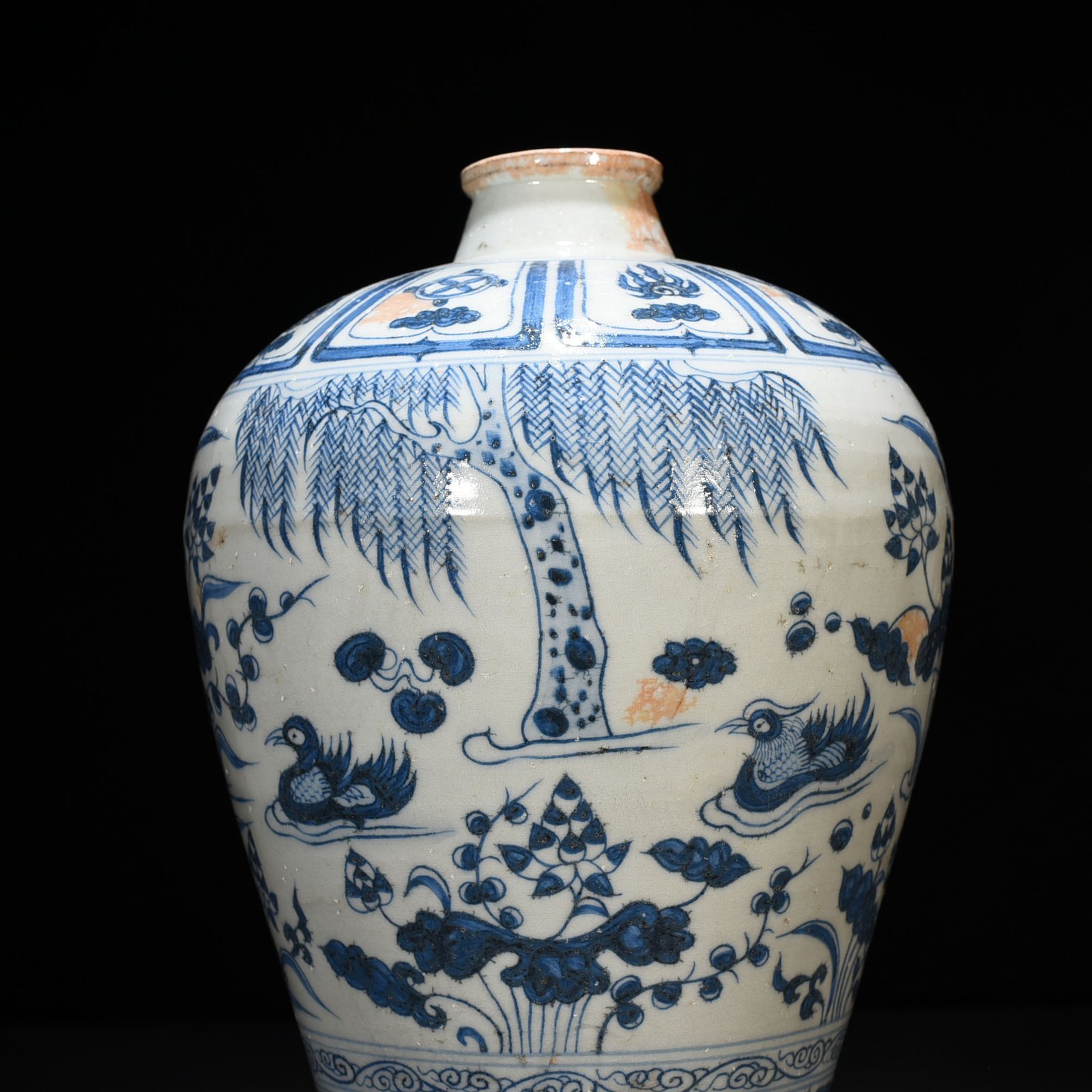 Yuan Dynasty blue and white lotus pond plum vase with mandarin duck pattern