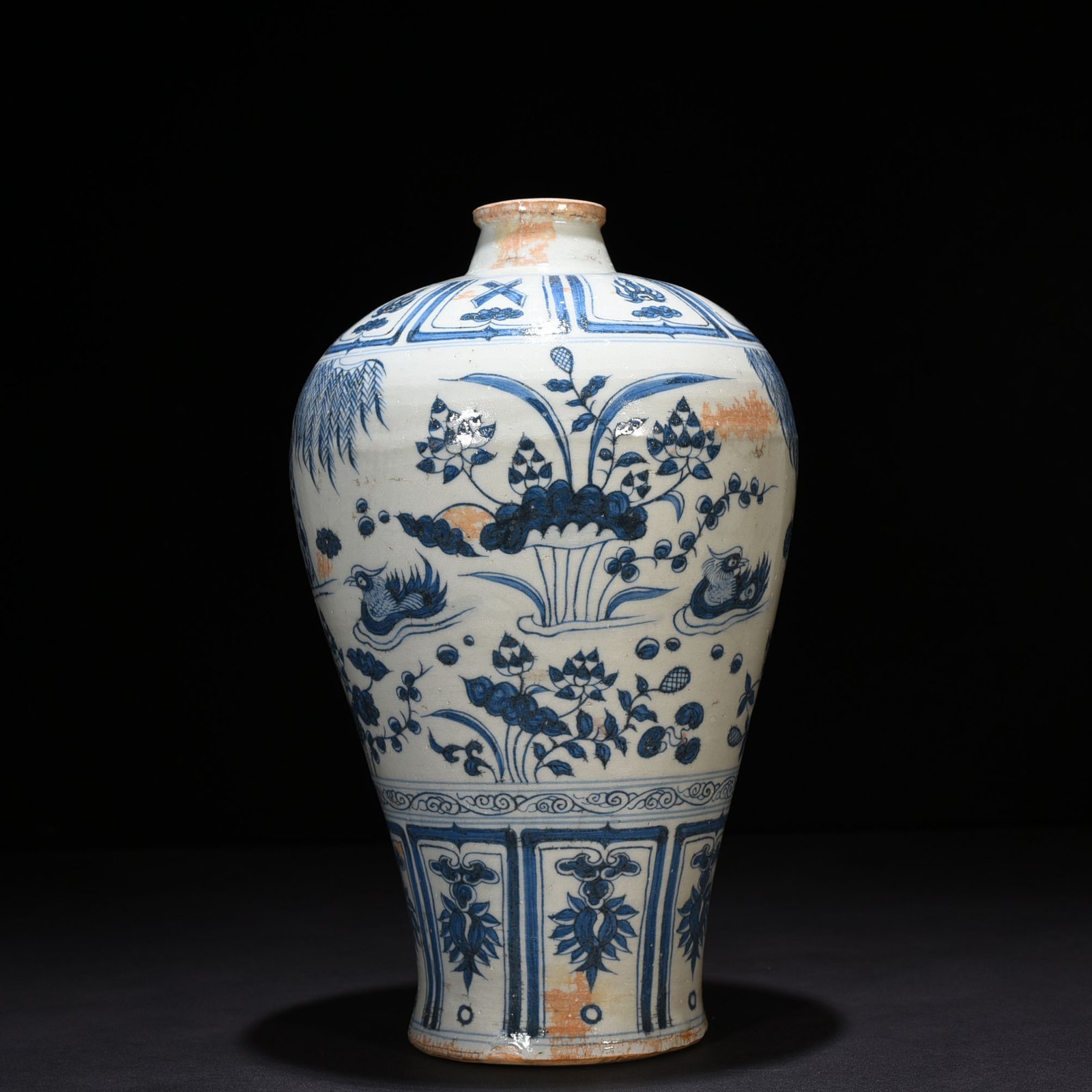 Yuan Dynasty blue and white lotus pond plum vase with mandarin duck pattern