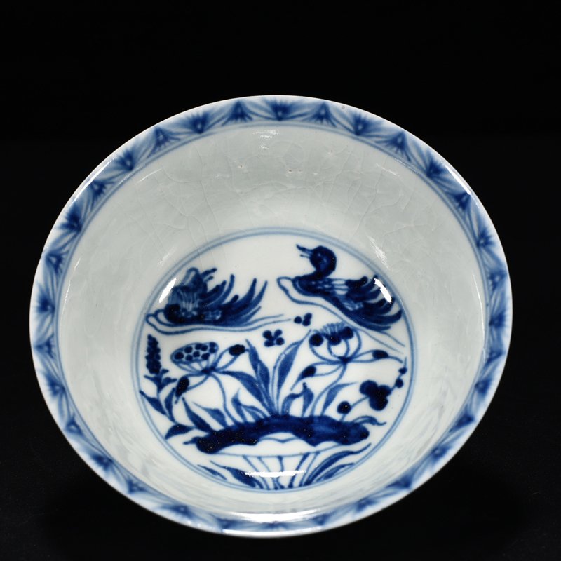Yuan Dynasty blue and white lotus pond bowl with mandarin duck pattern
