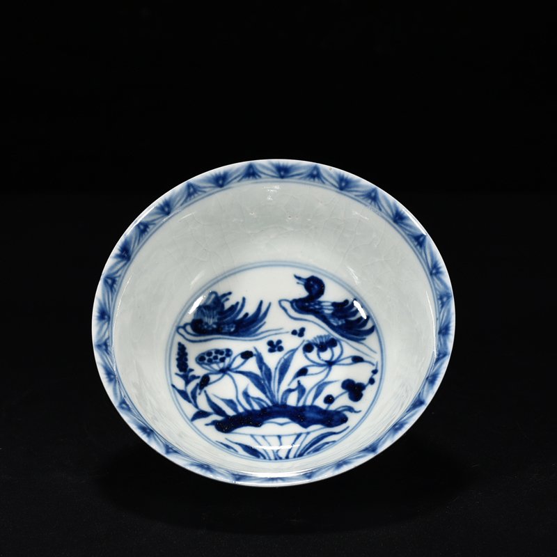 Yuan Dynasty blue and white lotus pond bowl with mandarin duck pattern