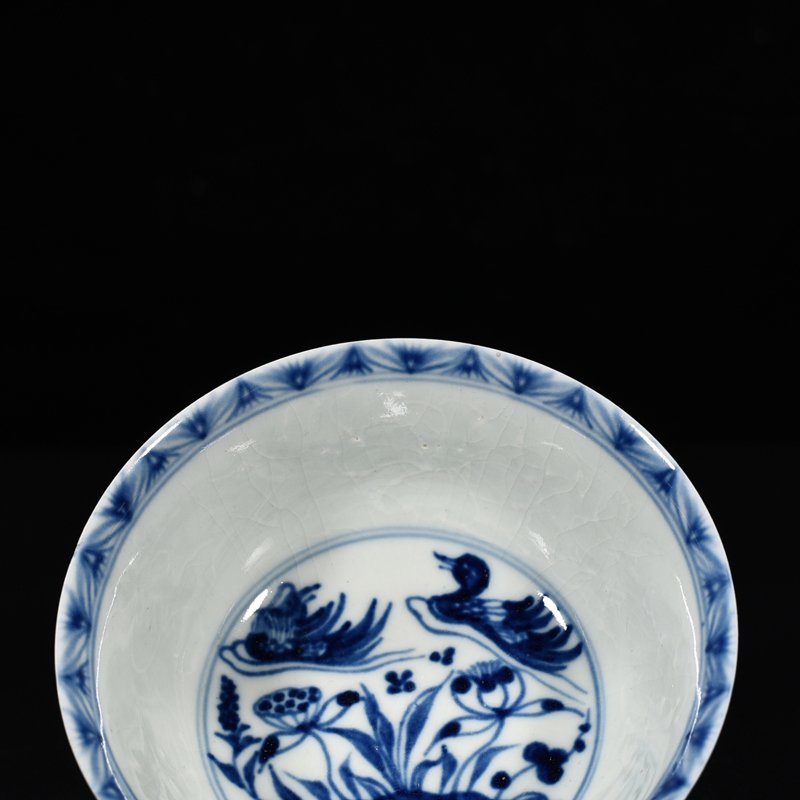 Yuan Dynasty blue and white lotus pond bowl with mandarin duck pattern