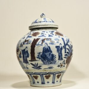 Yuan Dynasty blue and white underglaze red three-story thatched cottage covered jar