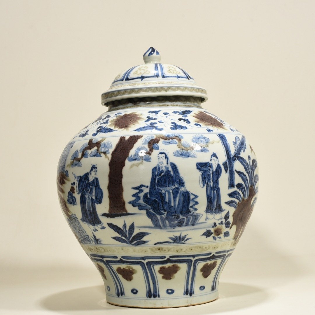 Yuan Dynasty blue and white underglaze red three-story thatched cottage covered jar