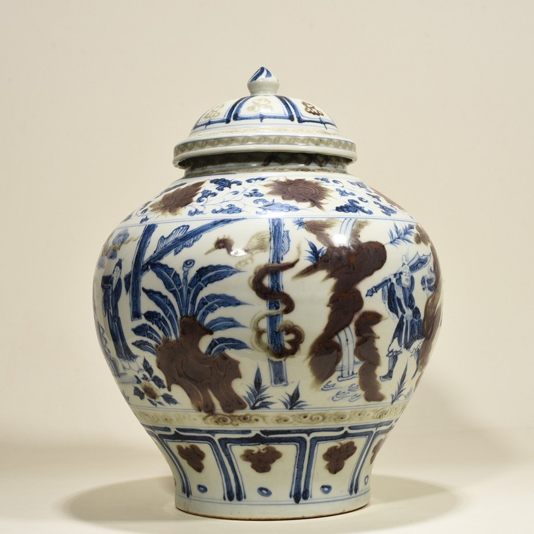 Yuan Dynasty blue and white underglaze red three-story thatched cottage covered jar
