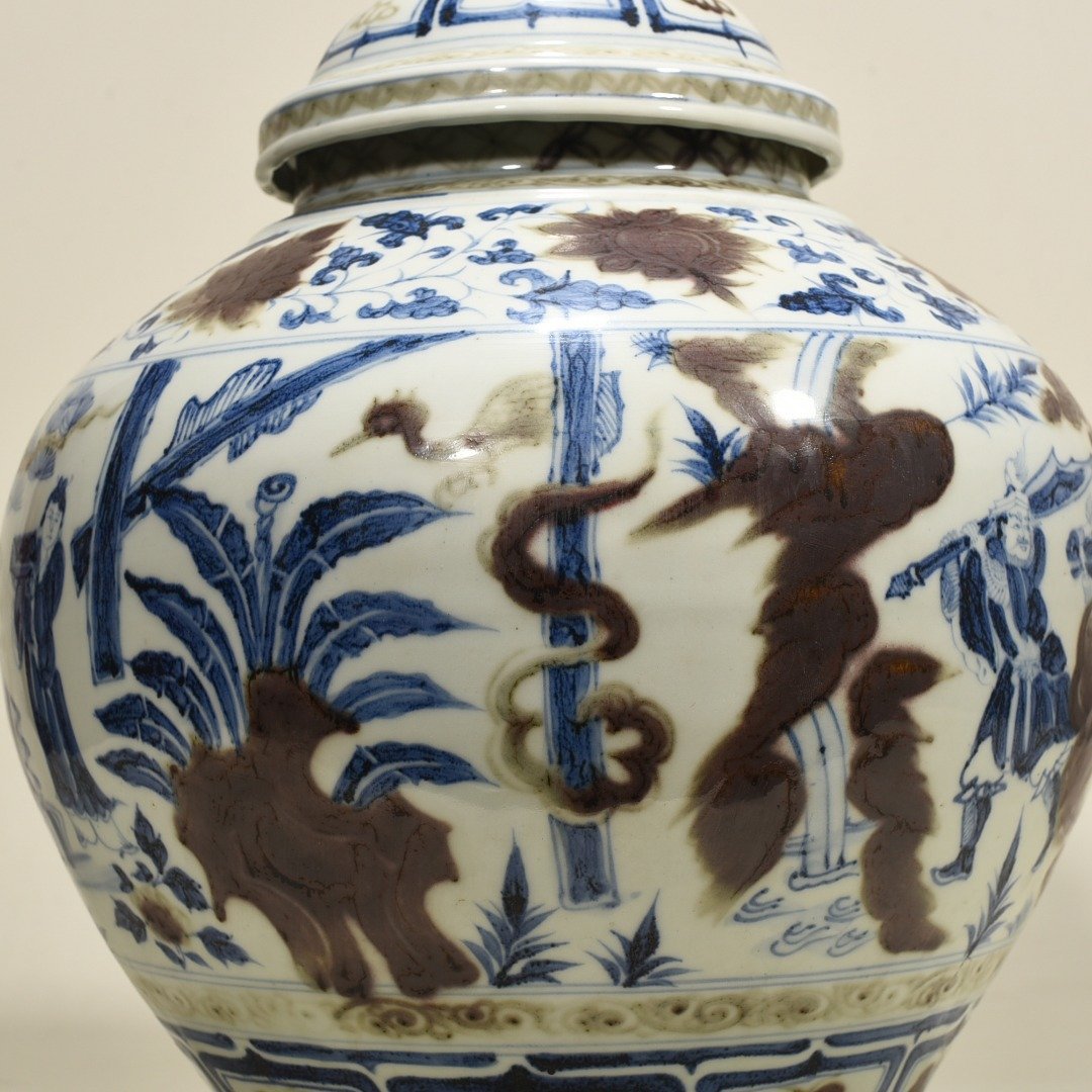 Yuan Dynasty blue and white underglaze red three-story thatched cottage covered jar