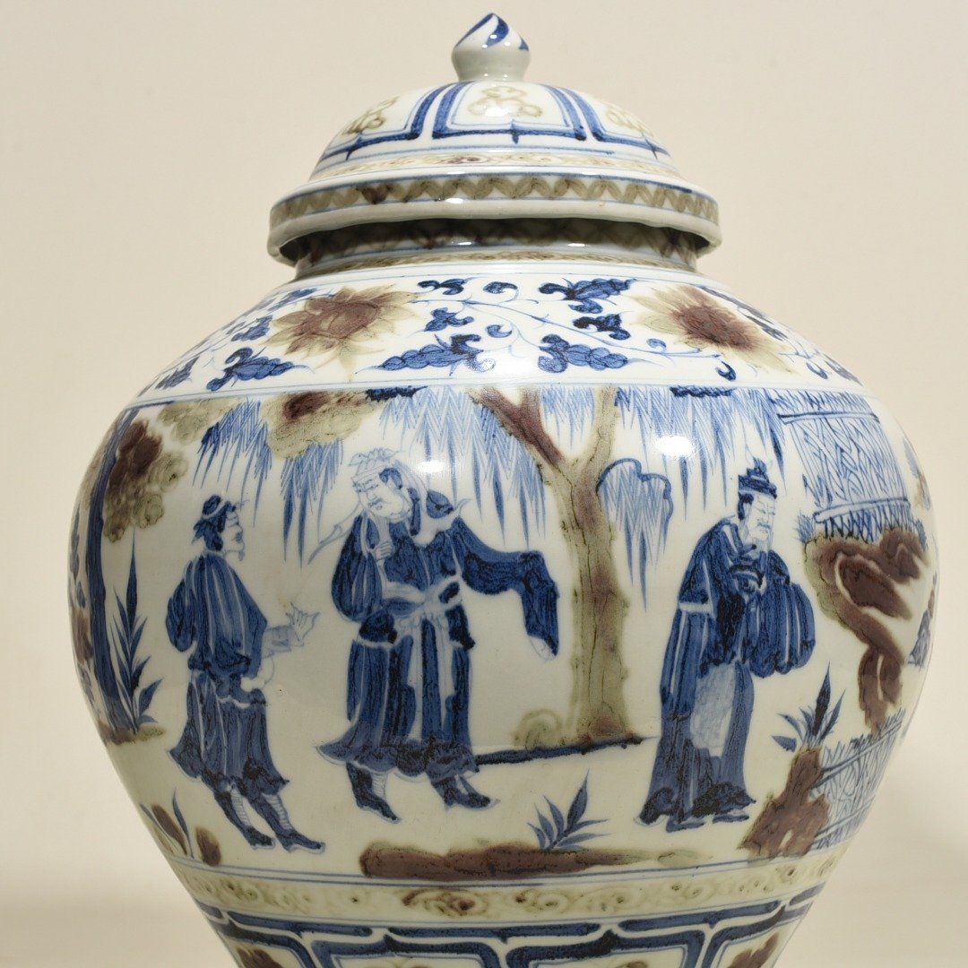 Yuan Dynasty blue and white underglaze red three-story thatched cottage covered jar