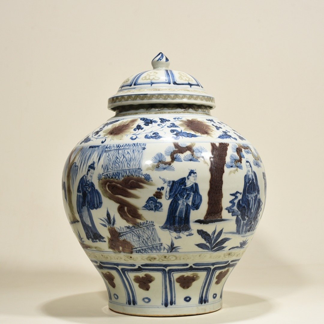 Yuan Dynasty blue and white underglaze red three-story thatched cottage covered jar