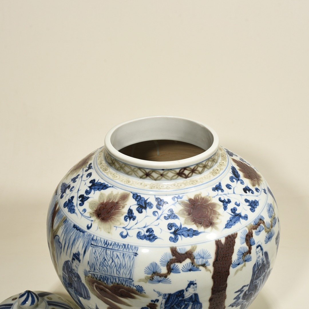 Yuan Dynasty blue and white underglaze red three-story thatched cottage covered jar