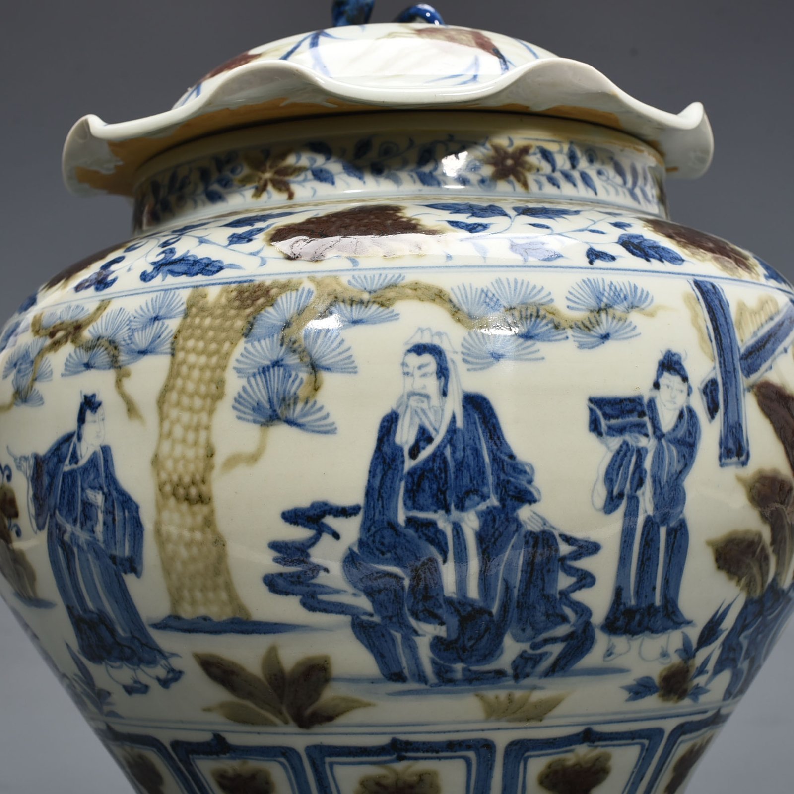 Yuan Dynansty blue and white underglaze red three-story thatched cottage lotus leaf covered jar