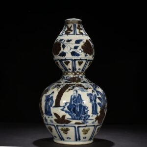 Yuan Dynasty blue and white underglaze red gourd vase with three-story thatched cottage character pattern