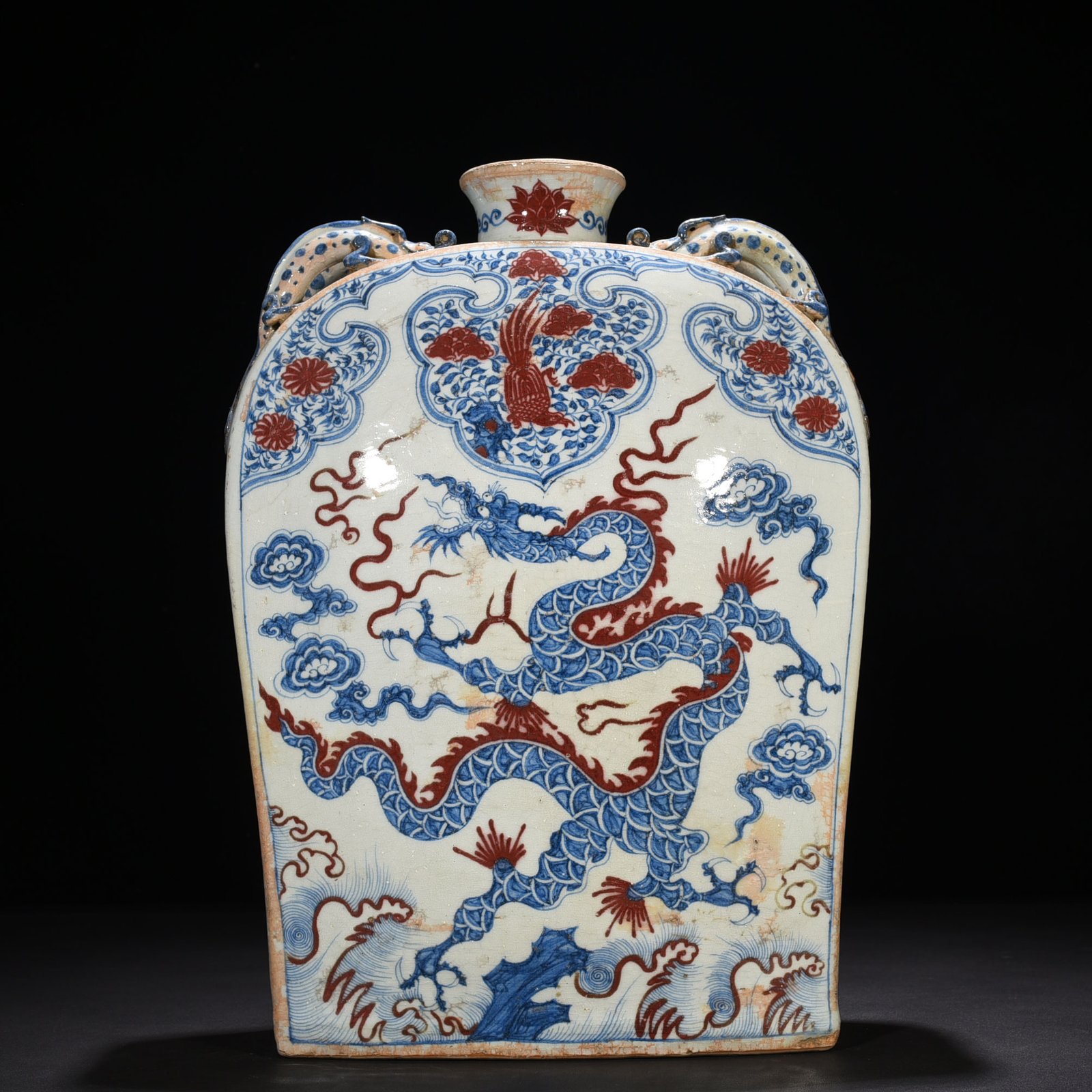 Yuan Dynasty blue and white underglaze red cloud and dragon pattern four series flat bottle