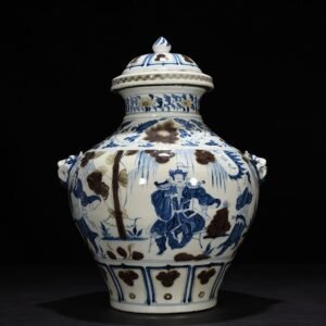 Yuan Dynasty blue and white underglaze red Zhou Yafu Xiliu camp figure jar with animal ears and lid