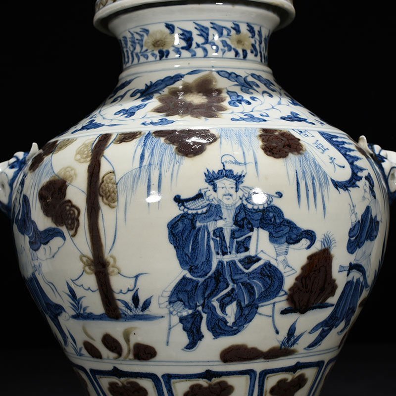 Yuan Dynasty blue and white underglaze red Zhou Yafu Xiliu camp figure jar with animal ears and lid