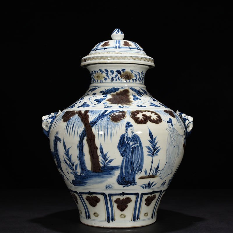 Yuan Dynasty blue and white underglaze red Zhou Yafu Xiliu camp figure jar with animal ears and lid