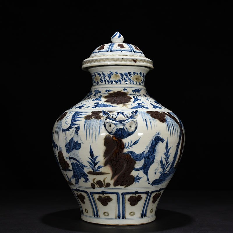 Yuan Dynasty blue and white underglaze red Zhou Yafu Xiliu camp figure jar with animal ears and lid