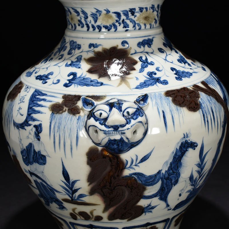 Yuan Dynasty blue and white underglaze red Zhou Yafu Xiliu camp figure jar with animal ears and lid