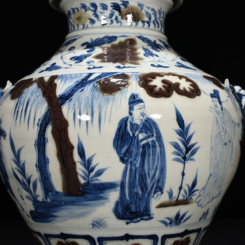 Yuan Dynasty blue and white underglaze red Zhou Yafu Xiliu camp figure jar with animal ears and lid