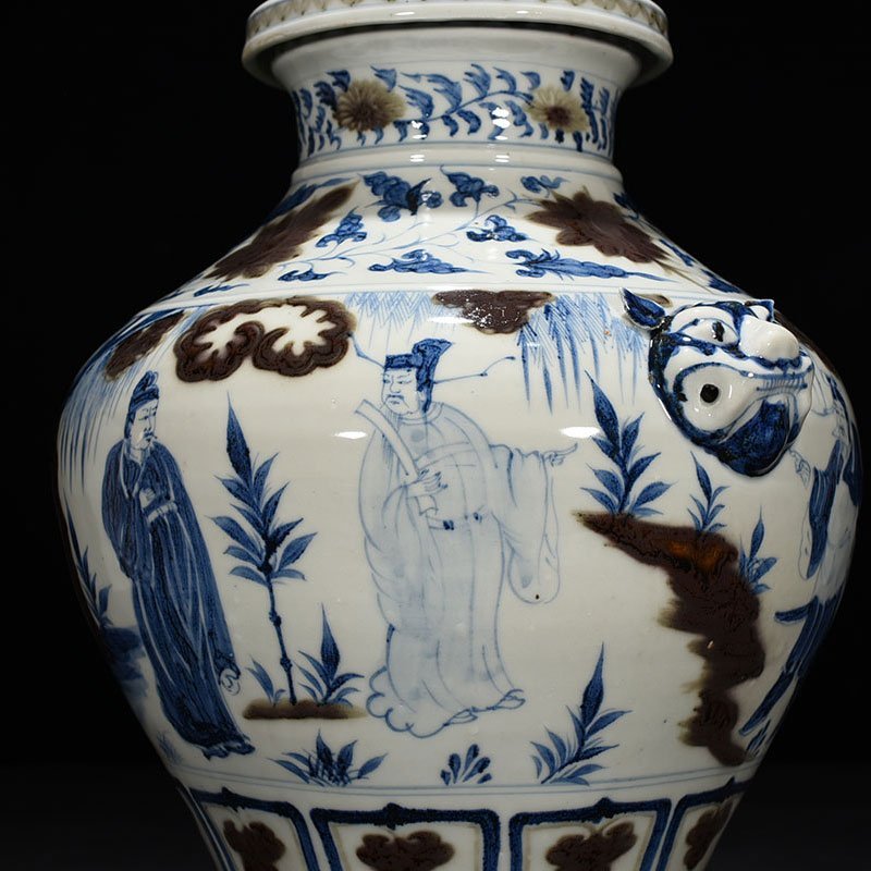 Yuan Dynasty blue and white underglaze red Zhou Yafu Xiliu camp figure jar with animal ears and lid
