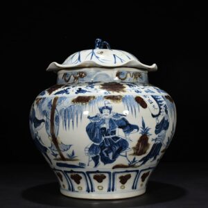 Yuan Dynasty blue and white underglaze red Zhou Yafu Xiliuying character story pattern lotus leaf jar