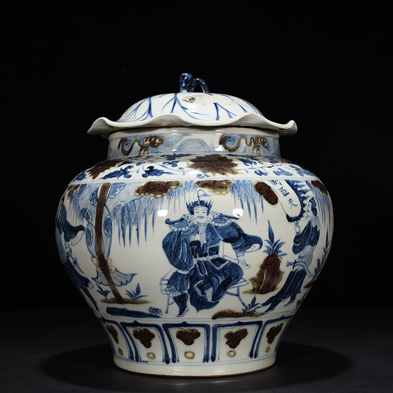 Yuan Dynasty blue and white underglaze red Zhou Yafu Xiliuying character story pattern lotus leaf jar