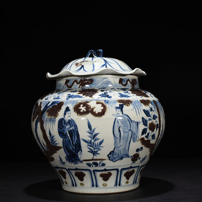 Yuan Dynasty blue and white underglaze red Zhou Yafu Xiliuying character story pattern lotus leaf jar