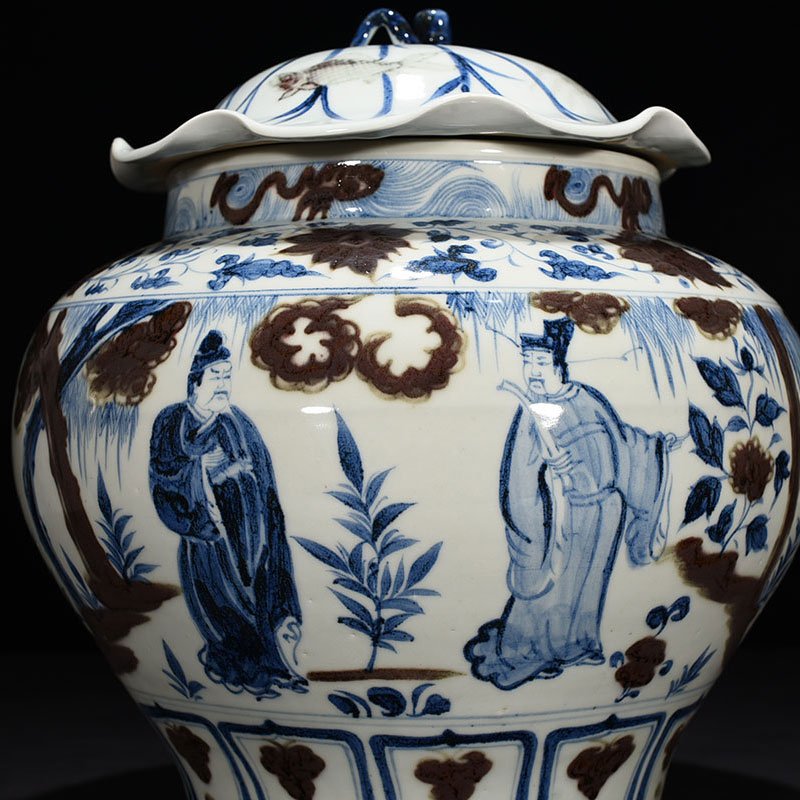 Yuan Dynasty blue and white underglaze red Zhou Yafu Xiliuying character story pattern lotus leaf jar