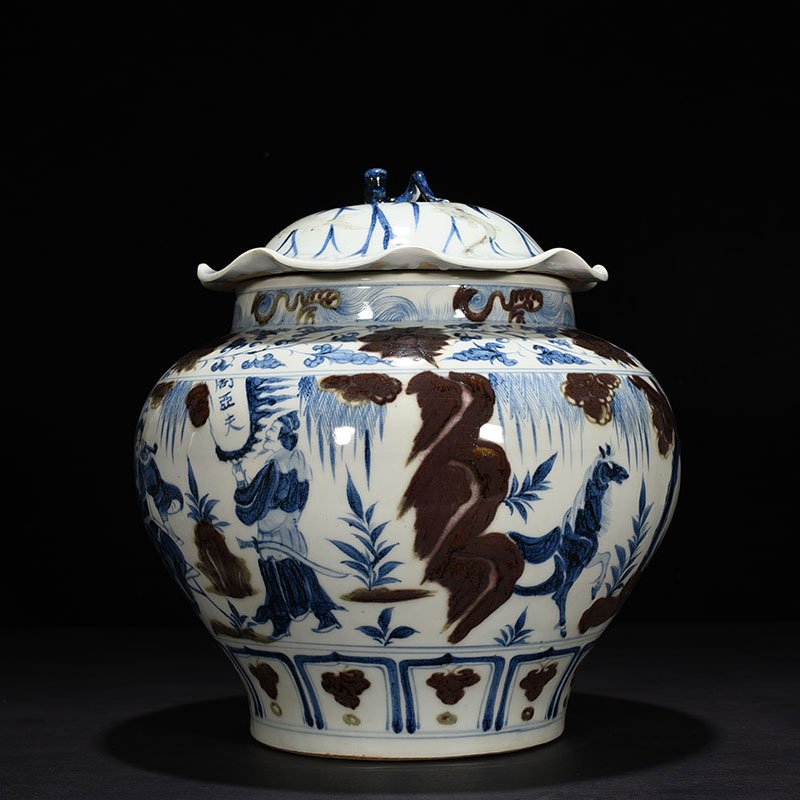 Yuan Dynasty blue and white underglaze red Zhou Yafu Xiliuying character story pattern lotus leaf jar
