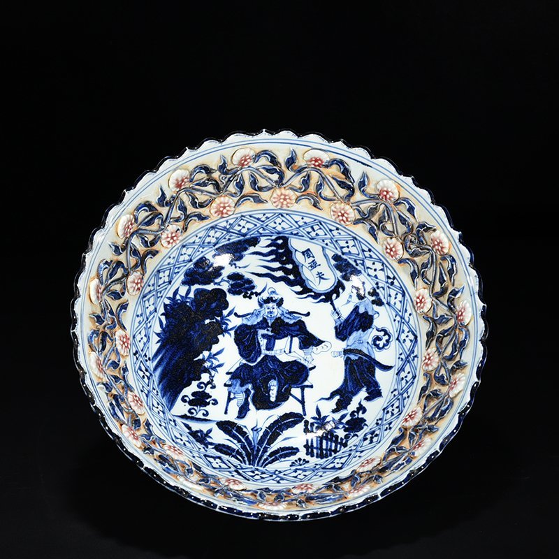 Yuan Dynasty blue and white underglaze red Zhou Yafu Xiliuying figure bowl