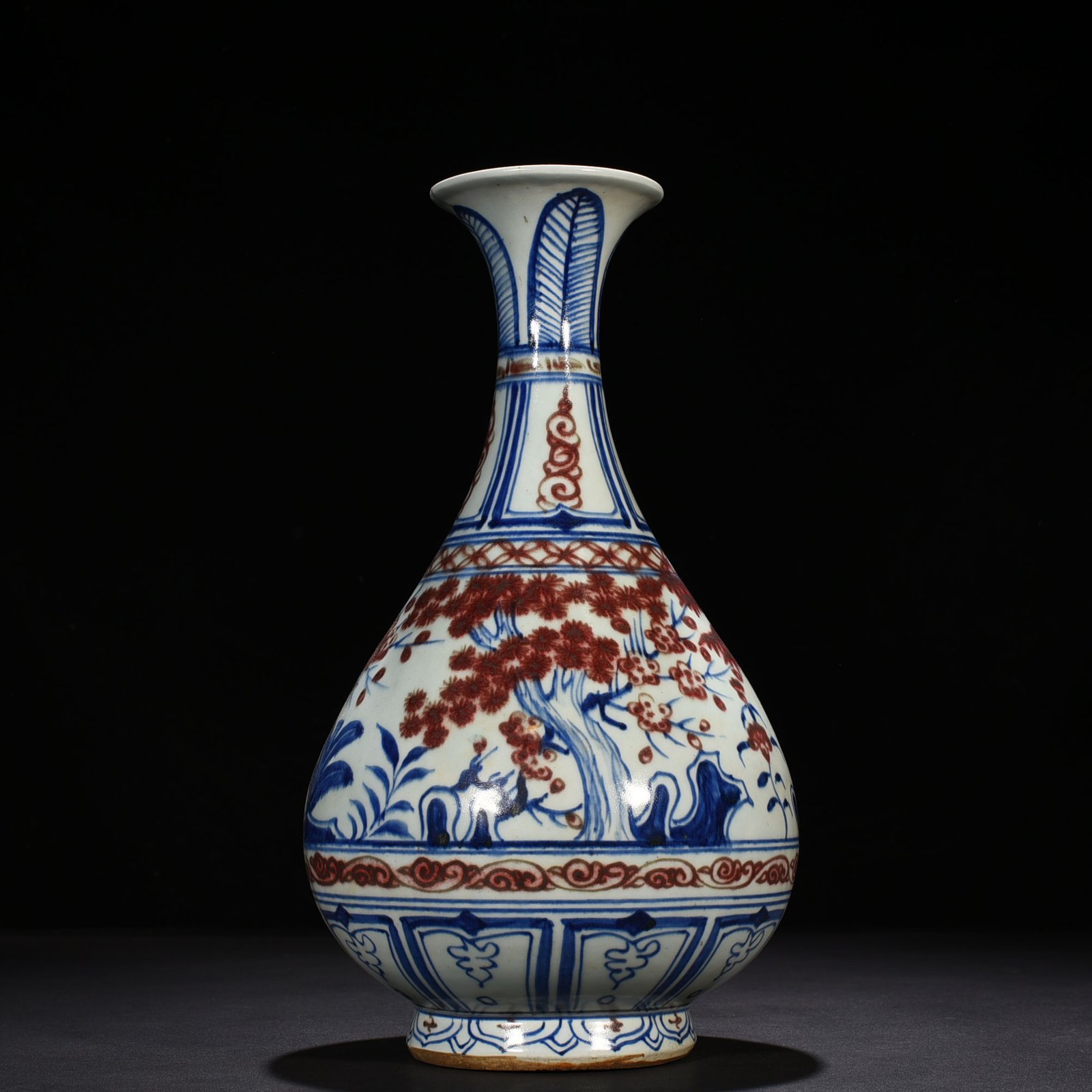 Yuan Dyansty blue and white underglaze red pine bamboo and plum pattern jade pot spring vase