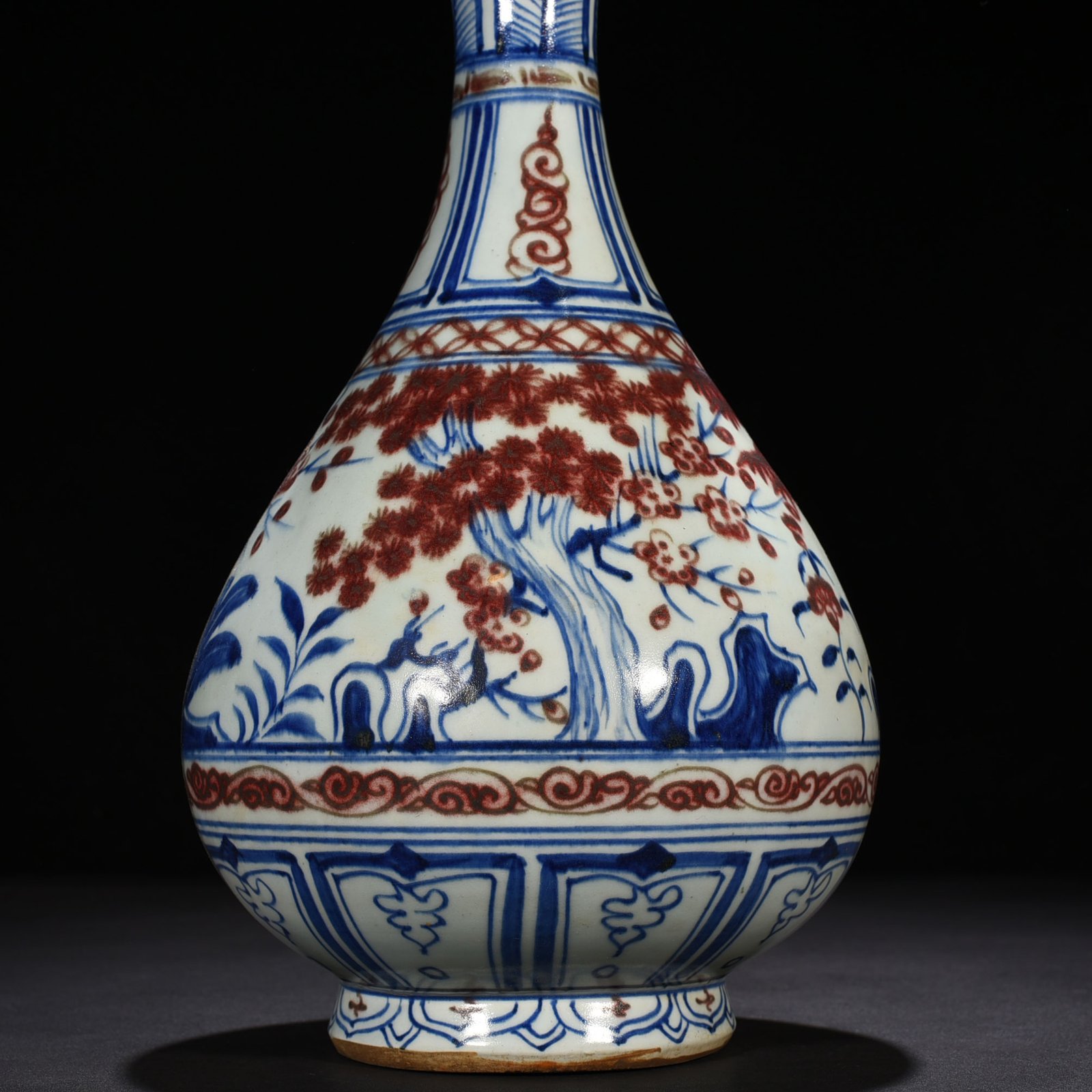 Yuan Dyansty blue and white underglaze red pine bamboo and plum pattern jade pot spring vase