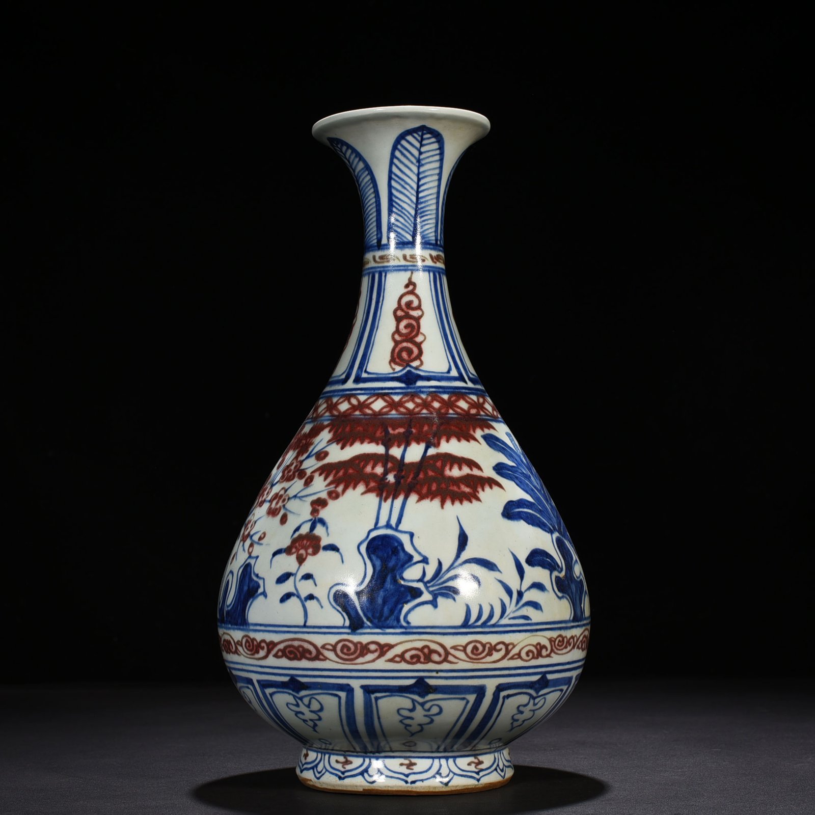Yuan Dyansty blue and white underglaze red pine bamboo and plum pattern jade pot spring vase