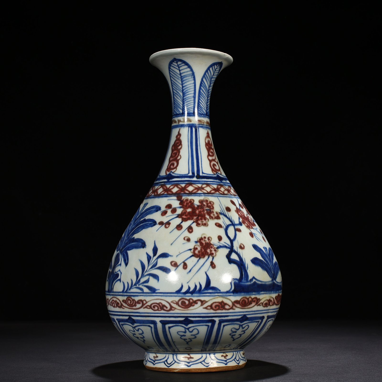 Yuan Dyansty blue and white underglaze red pine bamboo and plum pattern jade pot spring vase