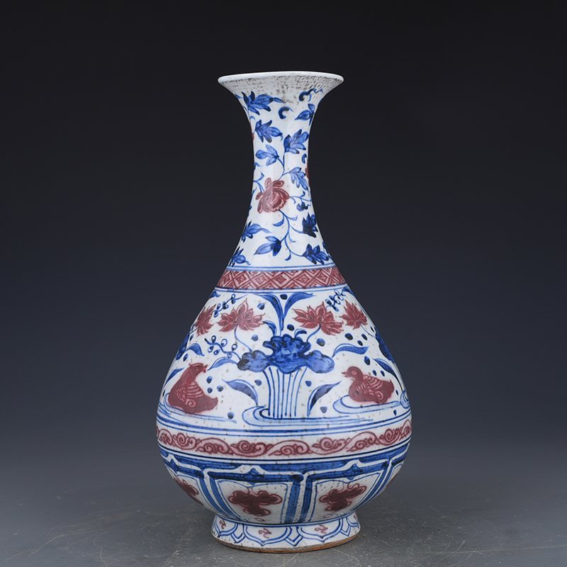 Yuan Dynasty blue and white underglaze red lotus pond jade pot spring vase with mandarin duck pattern