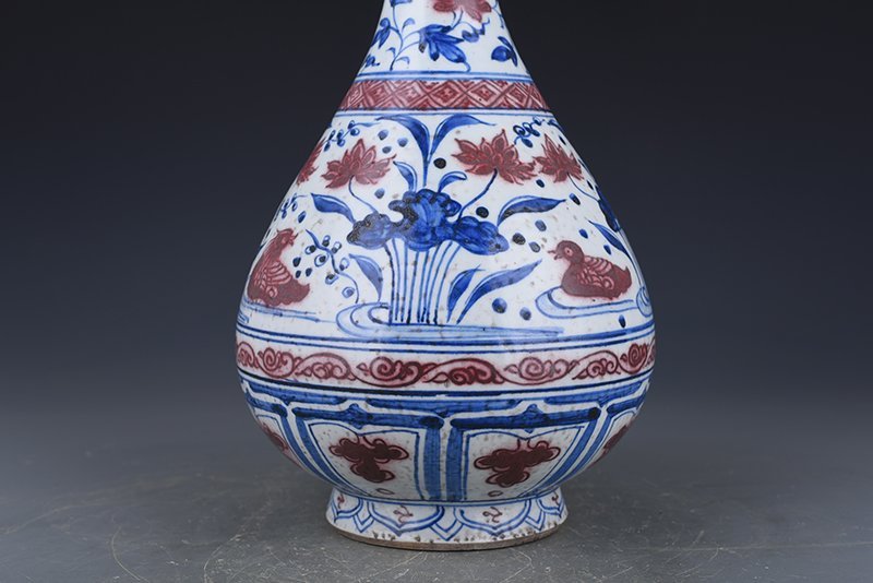 Yuan Dynasty blue and white underglaze red lotus pond jade pot spring vase with mandarin duck pattern
