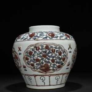 Yuan Dynasty blue and white underglaze red plastic jar with four seasons flower pattern