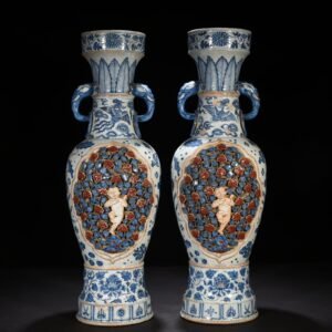 Yuan Dynasty blue and white underglaze red plastic panzhi doll pattern elephant ear vase