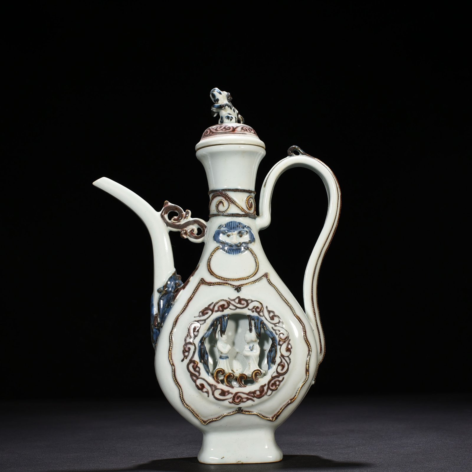 Yuan Dynasty blue and white underglaze red hollow figure pattern square-handled teapot