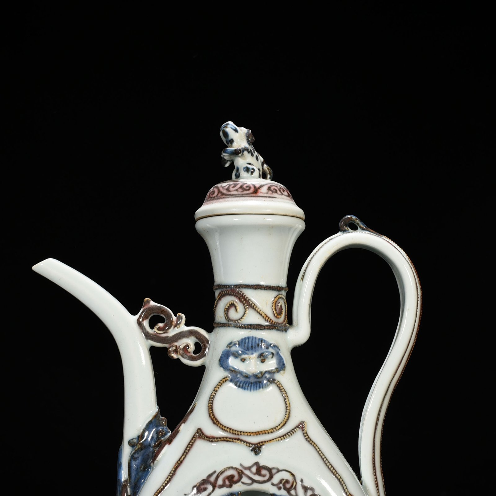Yuan Dynasty blue and white underglaze red hollow figure pattern square-handled teapot