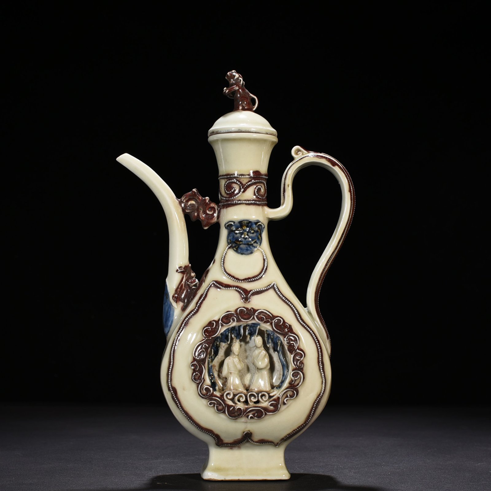 Yuan Dynasty blue and white underglaze red hollow figure-shaped square-handled teapot