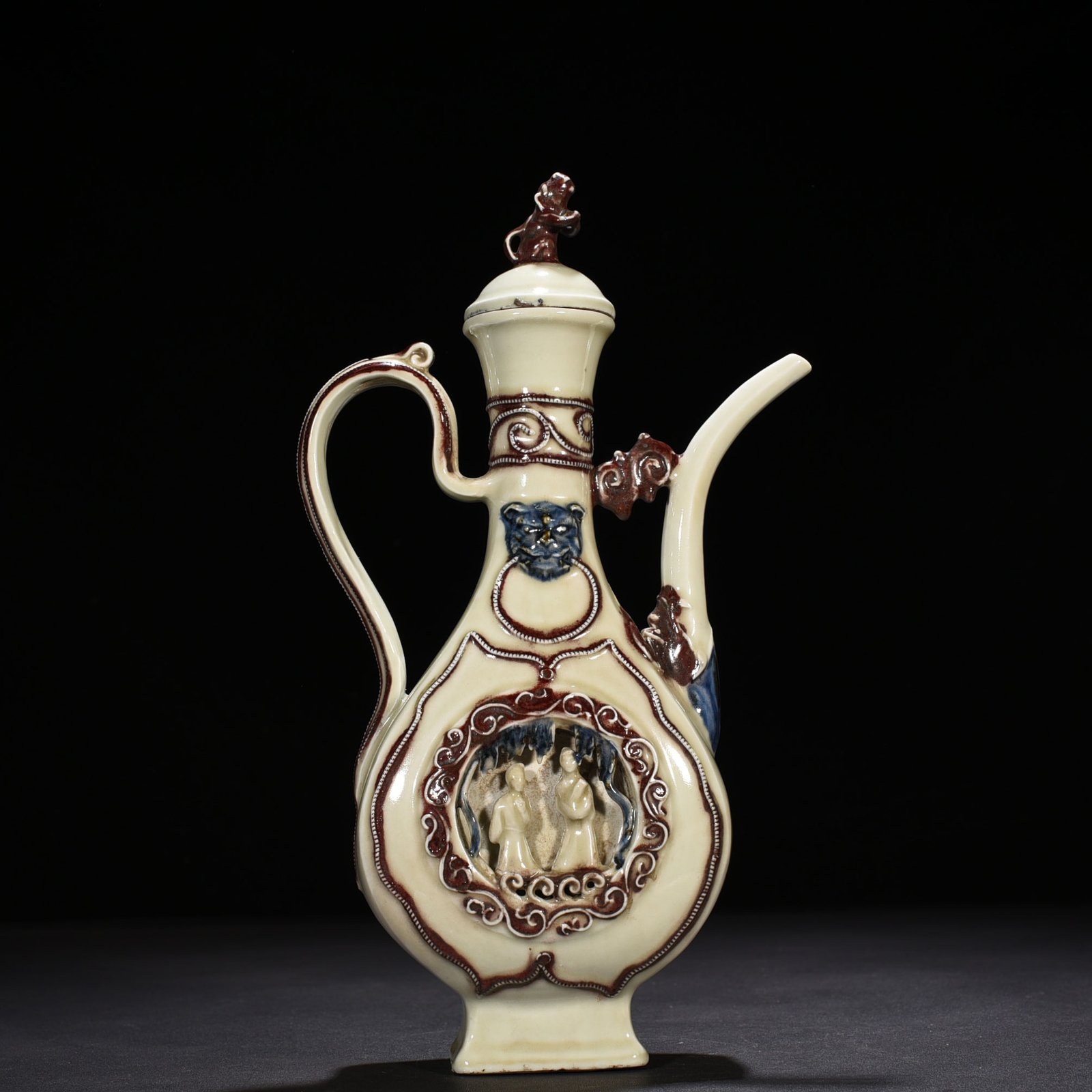 Yuan Dynasty blue and white underglaze red hollow figure-shaped square-handled teapot