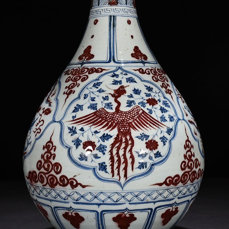 Yuan Dynasty blue and white underglaze red jade pot and spring vase with dragon and phoenix patterns