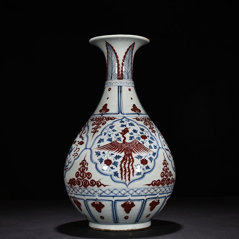 Yuan Dynasty blue and white underglaze red jade pot and spring vase with dragon and phoenix patterns
