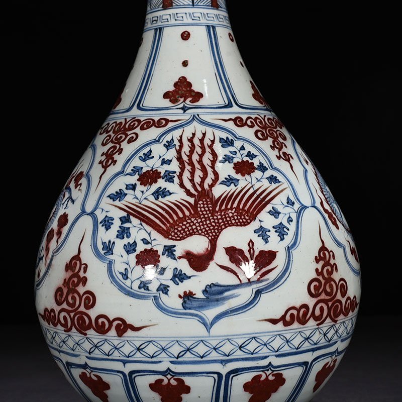 Yuan Dynasty blue and white underglaze red jade pot and spring vase with dragon and phoenix patterns