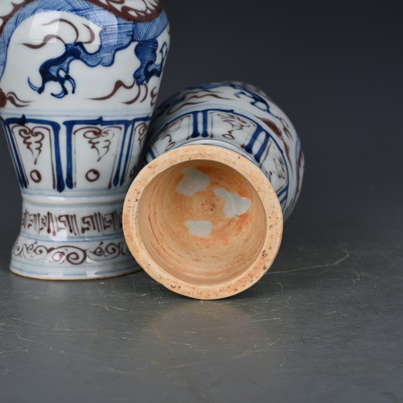 Yuan Dynasty blue and white underglaze red dragon pattern elephant ear vase