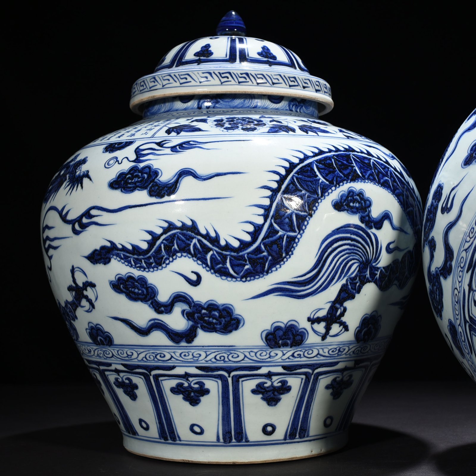 Yuan Dynasty blue and white inscribed Yunlong covered jar