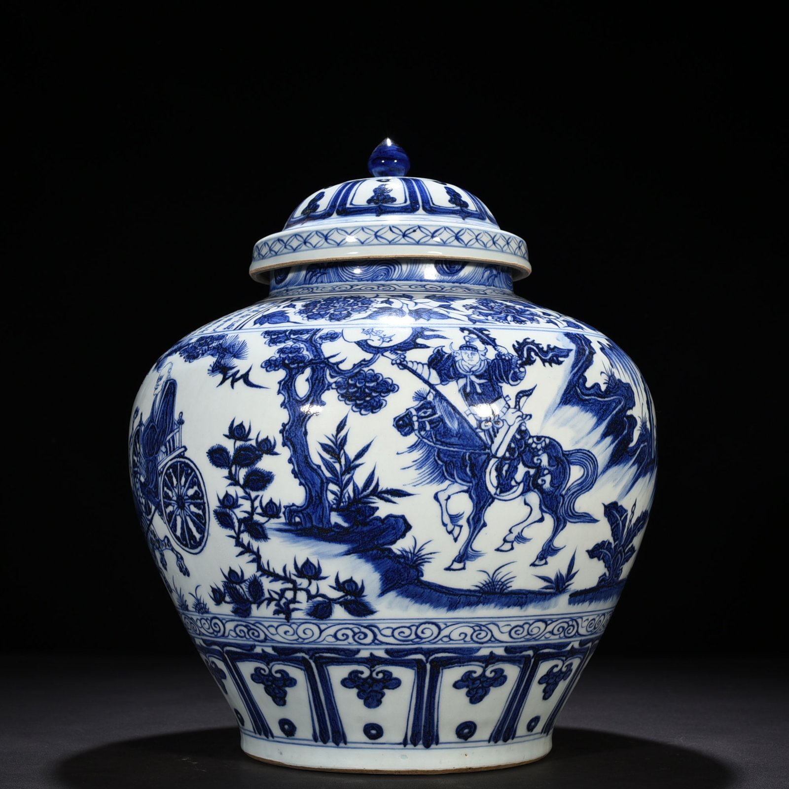 Yuan Dynasty blue and white inscription Guigu down the mountain character story pattern lid jar